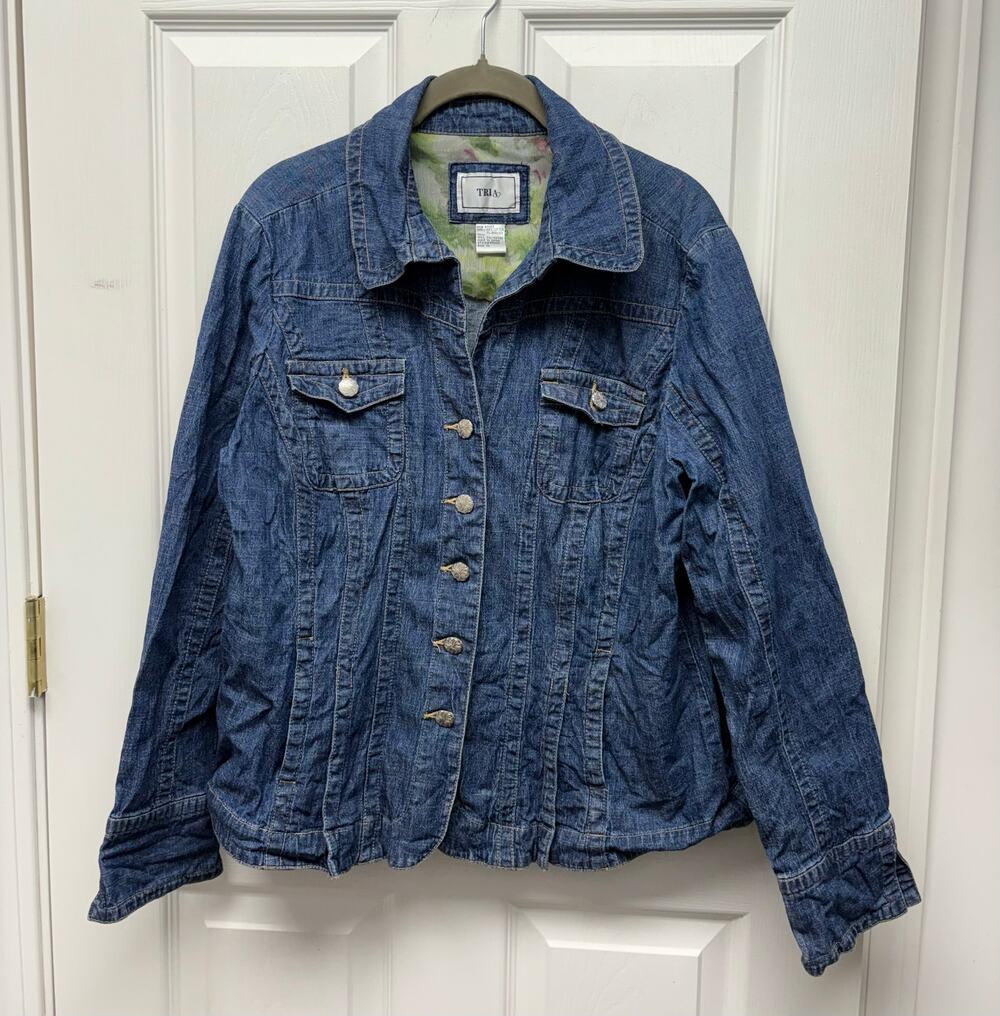 Tria Jean Jacket Fitted Floral Silver-toned Buttons XL